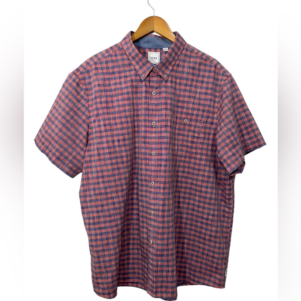 ROWM Button Down Short Sleeve Plaid Dress Shirt Men’s XXL Navy & Red Collared